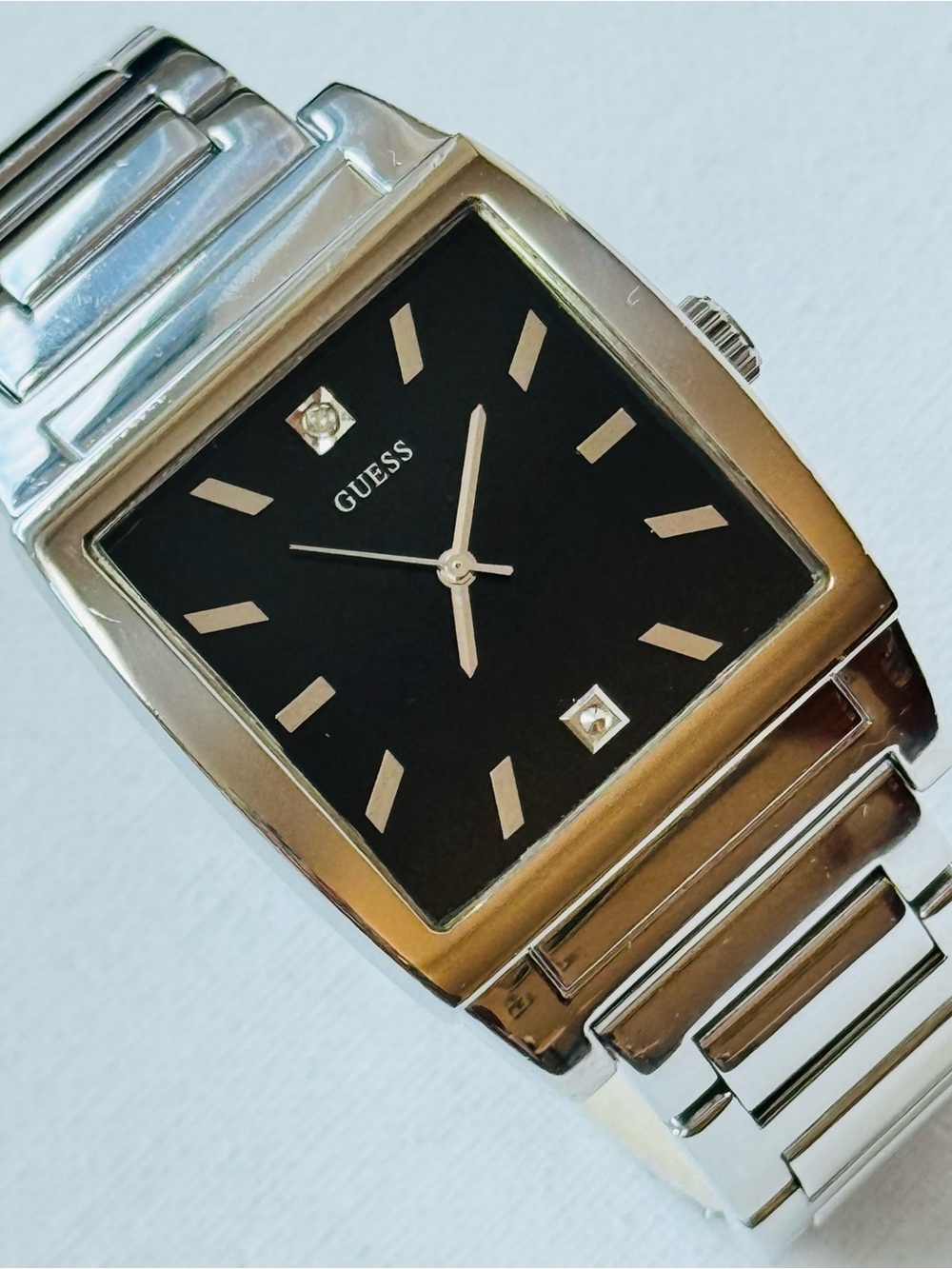 Guess Diamond Bigger Face Men's Tank Watch Silver Stainless Black Dial G17524G
